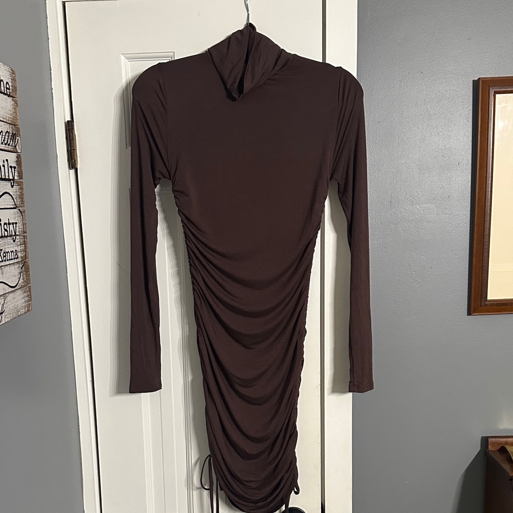 Forever 21 Cocoa Brown Ruched Drawstring Long Sleeve Bodycon Dress M
